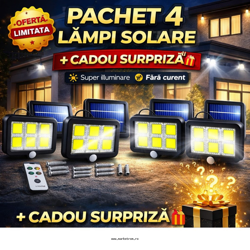 Pachet 4 Lămpi Solare COB cu Senzor de Mișcare + Cadou Surpriză 🎁