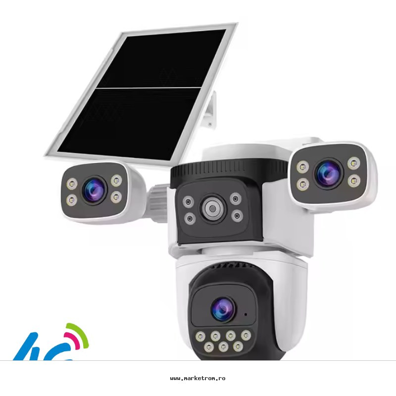 Camera Supraveghere 4G cu cartela SIM, 3 Lentile, Panou Solar 8W si baterie de 8000mAh